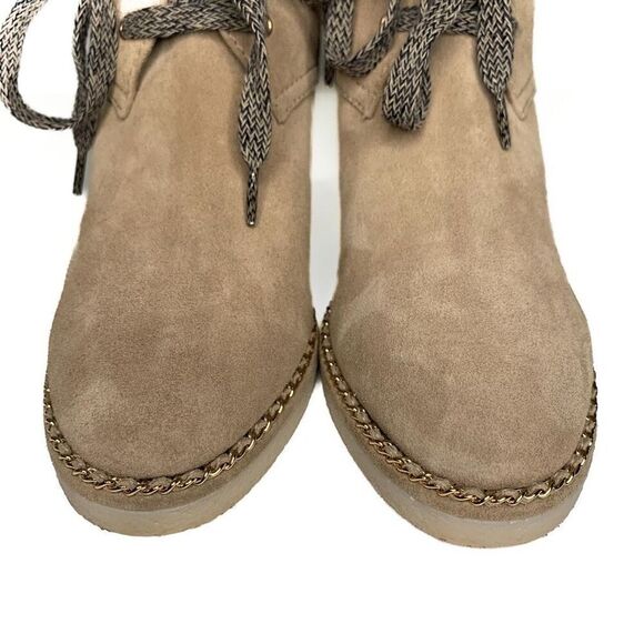 Chanel Chain-Embellished CC Ankle Boot EU 37.5 US 6.5-7 Tan Suede Wedge Bootie - Picture 3 of 10